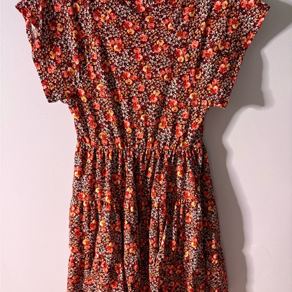 Urban Outfitters Floral V-Neck Short Sleeve Babydoll Dress in Rust Red XS - Picture 4 of 6